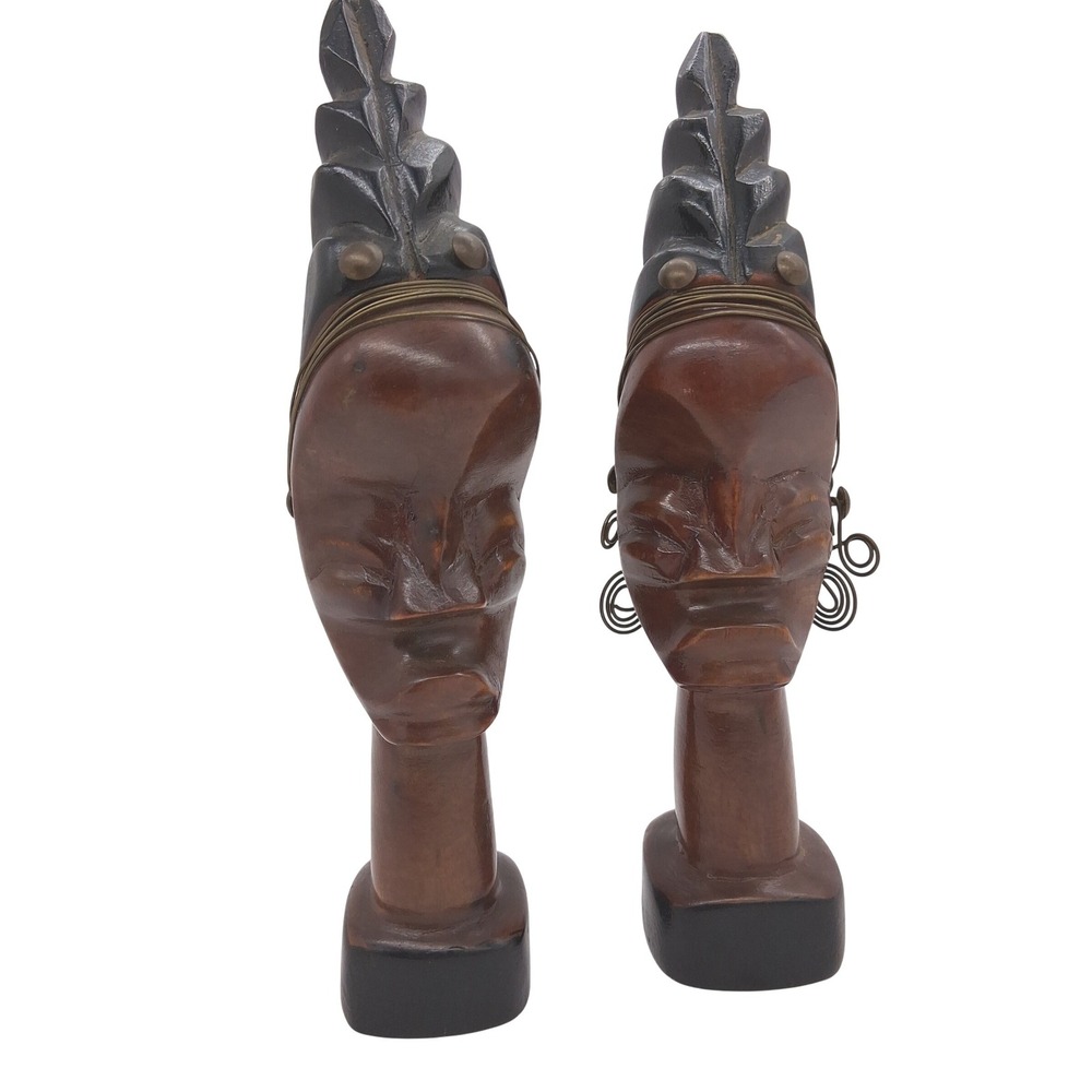 Vintage African Tribal Head Wood Busts Pair Hand Carved 9 in tall Wire Accents
